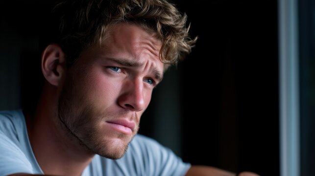 Close-up portrait of a young man with light brown hair and a neatly groomed beard in a reflective mood