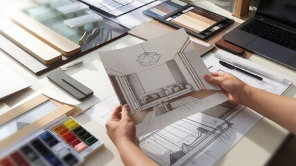 Creative workspace showcasing interior design sketch and material samples