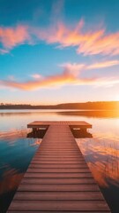 Fototapeta premium Serenity at Dusk: A Wooden Pier Leading to a Calm Lake at Sunset