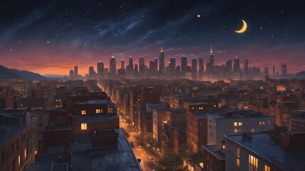 City Skyline at Night with Crescent Moon and Building Rooftops