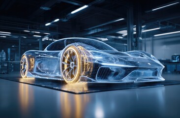 Futuristic car design in a modern workshop