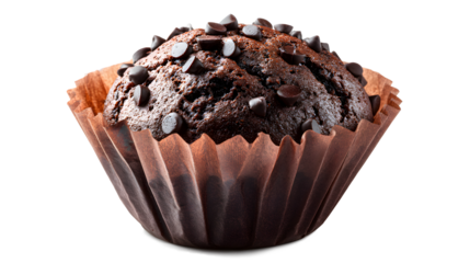 Close-up of one chocolate muffin in a paper form isolated on a white background