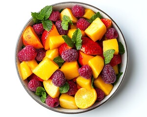 Fresh tropical fruit salad – colorful fruit salad with mango, raspberry, and mint for vibrant fruit salad photography and healthy food lovers