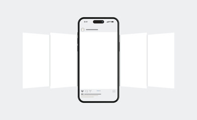 Social media post mock up vector layout template, Mobile app interface with blank pictures, editable posts.