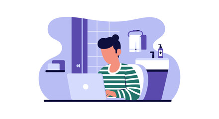 Person working on laptop in bathroom, ideal for blog posts about remote work or work-life balance.