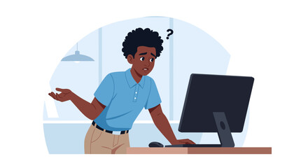 Confused young man using a desktop computer, ideal for websites and presentations on troubleshooting or tech support.