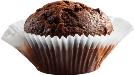 Close up of one chocolate muffin in paper form