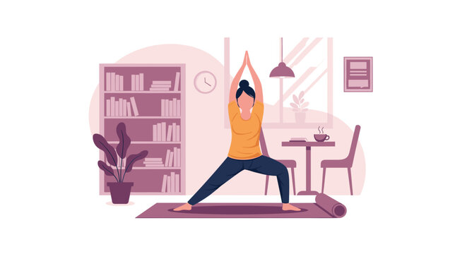 Woman practicing yoga at home, perfect for wellness websites or blog posts.