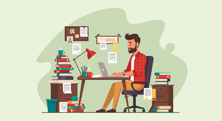 Busy man working on laptop at cluttered desk, perfect for articles about productivity, work-life balance, or freelance life.