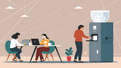 Modern office workers using laptops and a futuristic coffee machine, perfect for illustrating a tech company's brochure or website.