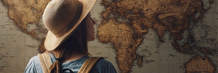 Woman gazing at a vintage world map (1)