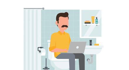 Man working on laptop in bathroom - perfect for illustrating work-life balance or remote work articles.