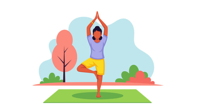 Woman practicing yoga outdoors, perfect for wellness websites or brochures.