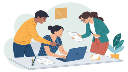 Diverse team collaborating on a project, perfect for illustrating teamwork and productivity on a company website or brochure.