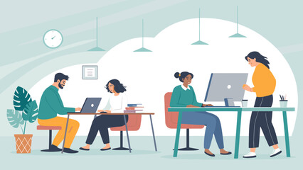 Diverse team of colleagues working together in a modern office. Ideal for websites, presentations, and brochures.