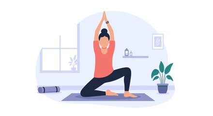 Woman practicing yoga at home, perfect for wellness websites and blogs.
