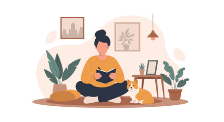 Woman relaxing at home, reading a book with her dog. Perfect for blogs, websites, or social media posts about relaxation, mindfulness, or pet ownership.