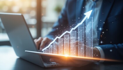 Businessman analyzing financial market data with augmented reality charts and graphs