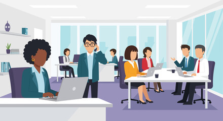 Diverse business team collaborating in a modern office, perfect for website banners or company brochures.