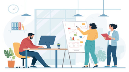 Teamwork in a modern office: Illustration of colleagues collaborating on a project, ideal for presentations or website landing pages.