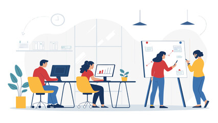 Teamwork in a modern office: Illustration perfect for websites, presentations, and marketing materials.