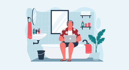 Man working on laptop in bathroom, perfect for illustrating remote work, work-life balance, or unusual workspaces.