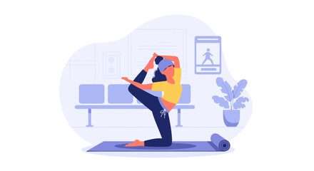 Woman practicing yoga in a waiting room - perfect for health, wellness, and mindfulness websites or brochures.
