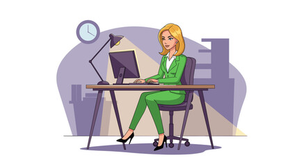 Businesswoman working late at night in office, vector illustration. Perfect for landing pages, brochures, or websites related to business, work, or overtime.