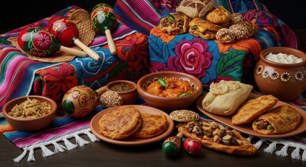 Colorful traditional Hispanic textiles, maracas, and food arranged for Hispanic Heritage Month