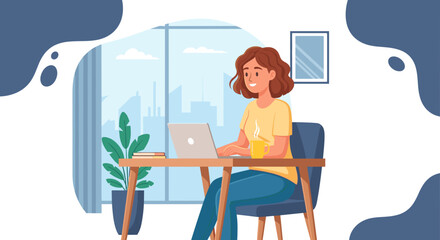 Happy woman working from home on laptop, perfect for remote work blogs or websites.