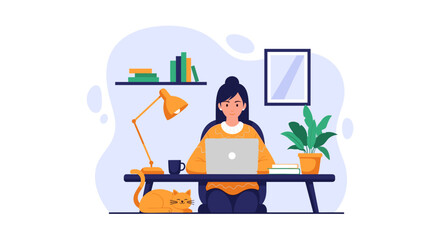 Woman working from home on laptop, cozy home office scene with cat. Ideal for blog, website, or social media.