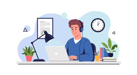 Young man working from home on laptop, perfect for illustrating remote work, online learning, or a blog post about productivity.