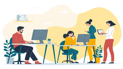 Modern business team collaborating in a bright and productive office space. Ideal for website banners, brochures, and presentations.