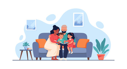 Happy family reading a book together on a cozy sofa, perfect for family blogs, parenting websites, or children's book illustrations.