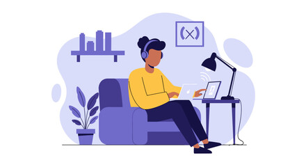 Person working from home on laptop and tablet, perfect for remote work or freelance illustrations.