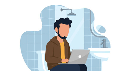 Man working on laptop in bathroom - Illustration for blog, article or website.