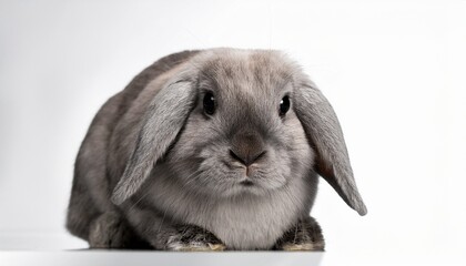 a grey lop eared rabbit with big black eyes sitting on a white surface