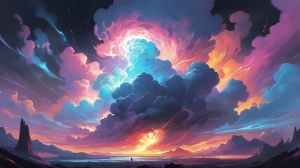 Dramatic Cloudscape Landscape with Colorful Sky and Distant Mountains