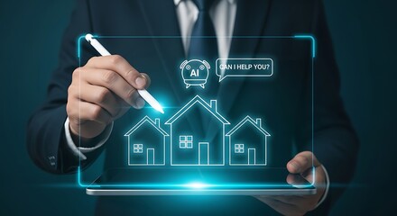 Businessman drawing futuristic smart home technology on a digital interface