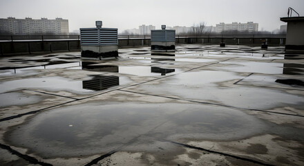 Urban Flat Rooftop with Puddles Highlighting Need for Repair Roof Maintenance