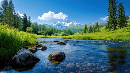 Serene mountain river landscape under a clear blue sky