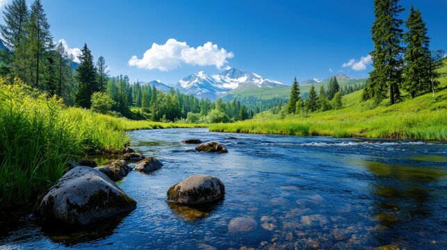 Serene mountain river landscape under a clear blue sky