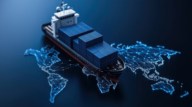 Modern cargo ship navigating a digital world map