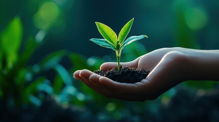 Nurturing a young plant in a caring hand
