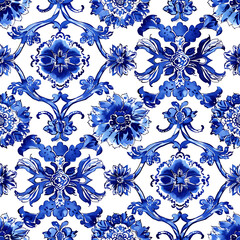 Elegant Blue and White Floral Chinoiserie Tile Design,Vector seamless pattern.
