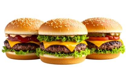  “Three Juicy Hamburgers in a Diagonal Layout, each with Signature Sauce, PNG format”.