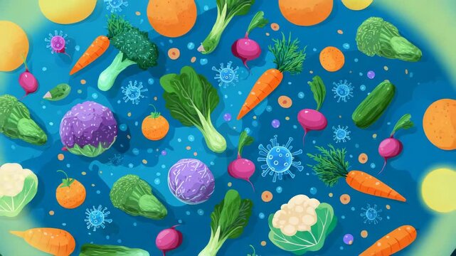 Blue background with a variety of vegetables including broccoli, carrots, and cauliflower. raw vegetables with bacteria icons floating above, infographic layout, salmonella outbreak