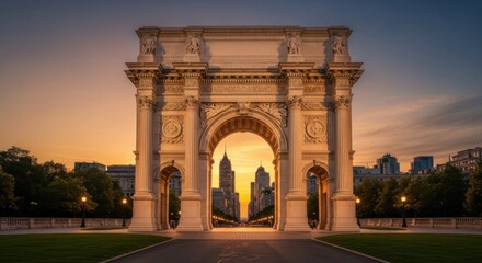 Fototapeta premium Historic Archway Frames City Skyline During Golden Hour Warm Sunset