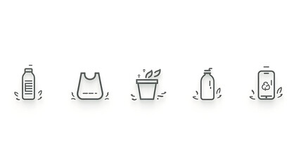 Minimalist black vector icon set of five recycled plastic everyday items — toothbrush, shopping bag, bottle, food container, and mobile case with creative eco reuse symbols on pure white background