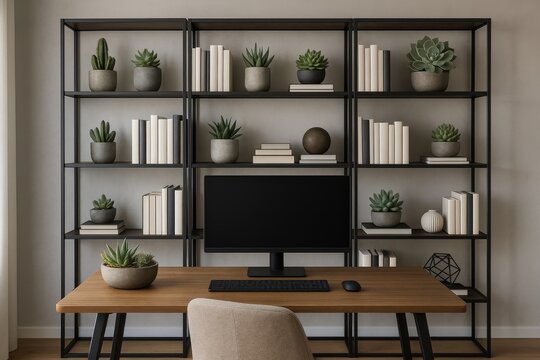Modern home office setup with industrial bookshelf displaying succulents and books creating perfect video conference background for remote work